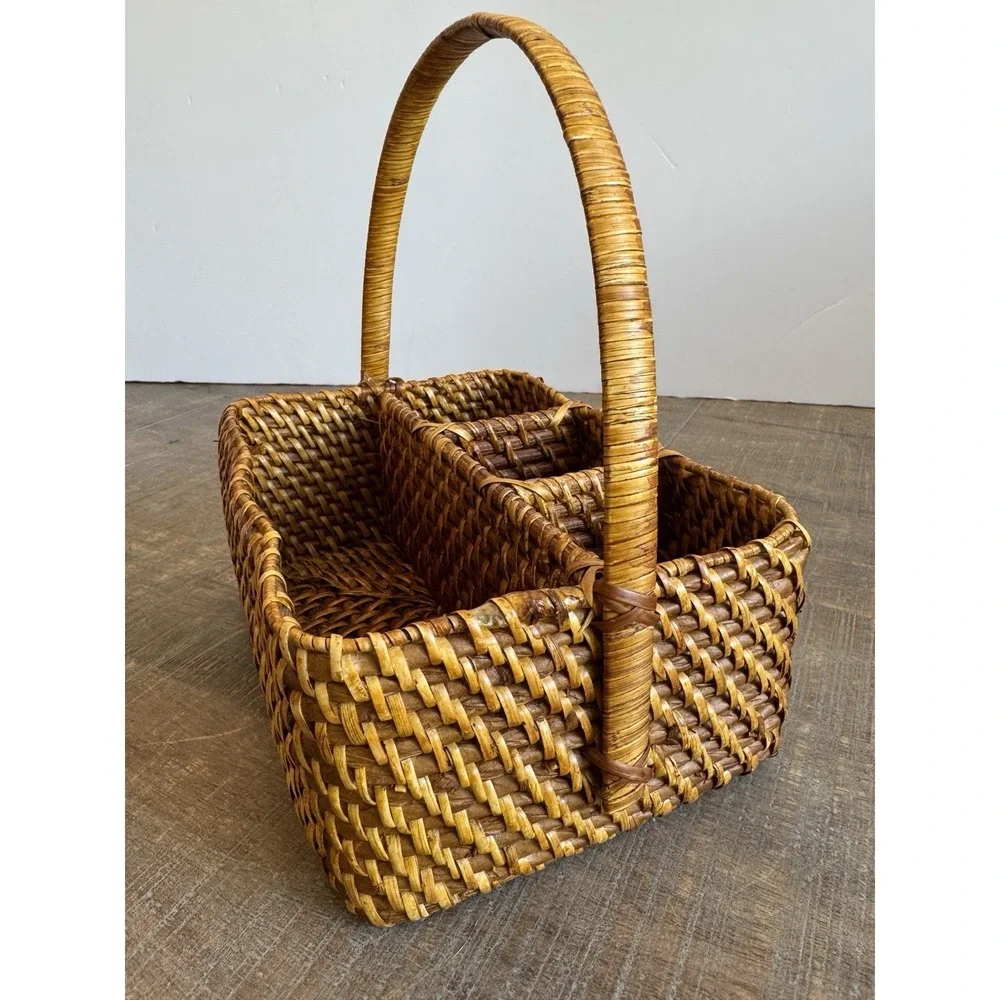 Vintage Rattan Utensil Caddy With Handle